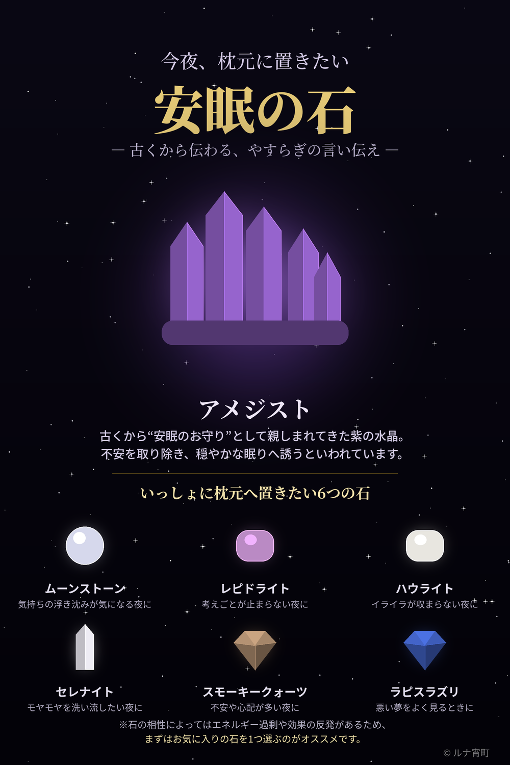 黒い夜空に発光する紫のアメジスト結晶と、安眠のお守りとされる6つの石をまとめた図