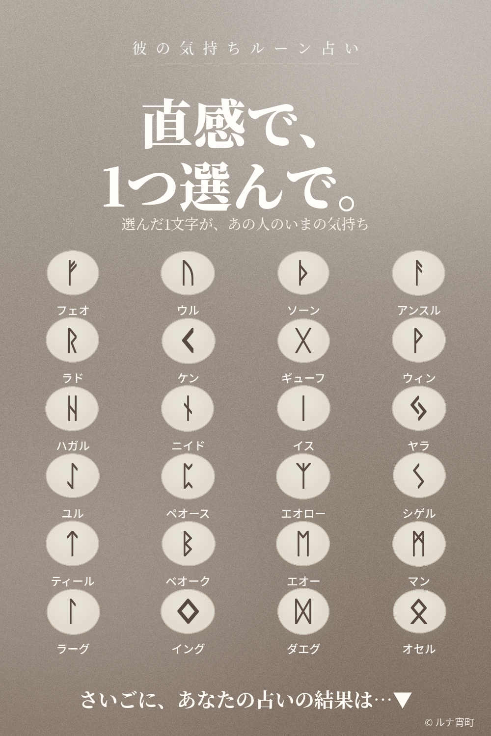 ルーン文字24種類を彫った石を並べた、彼の気持ちを読むルーン占いの一覧画像